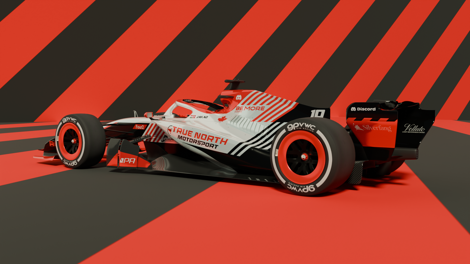 Red, white and black racecar livery design by BE MORE Create, my most recent work