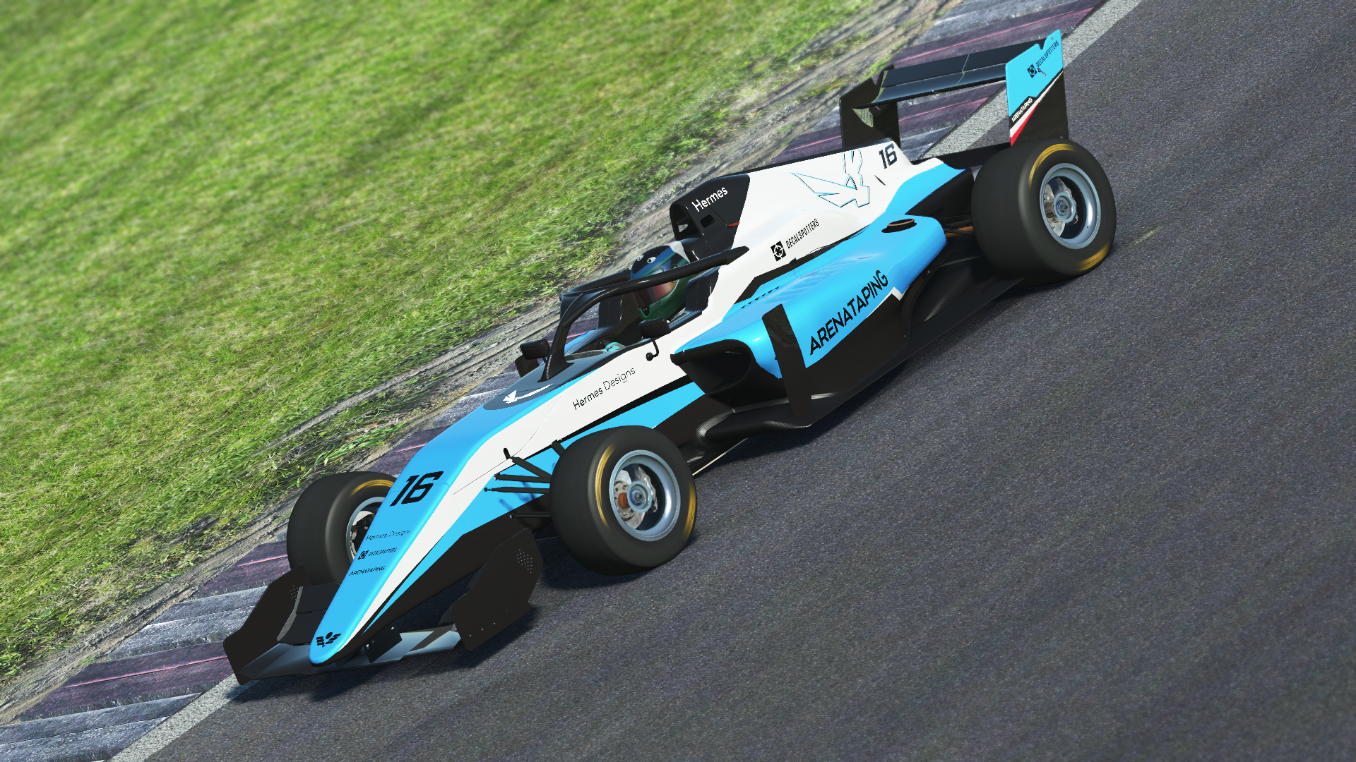 Blue, black and white racecar livery design